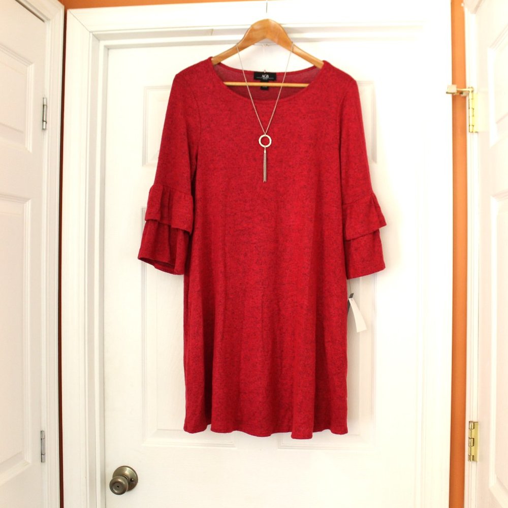 AGB Knit Tunic Dress Three Quarter Ruffle Sleeve Pockets Necklace